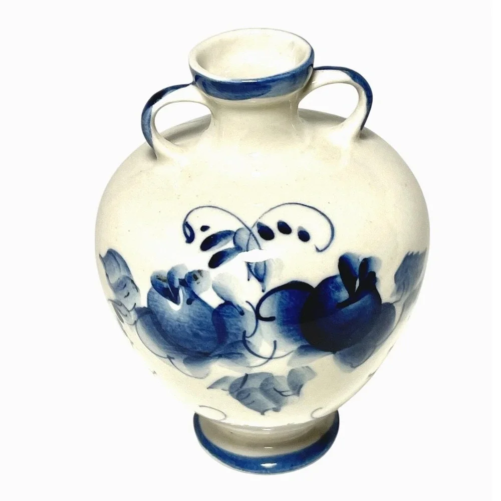 Vintage Russian Gzhel Blue &‎ White Hand Painted Vase Floral Design USSR Marked